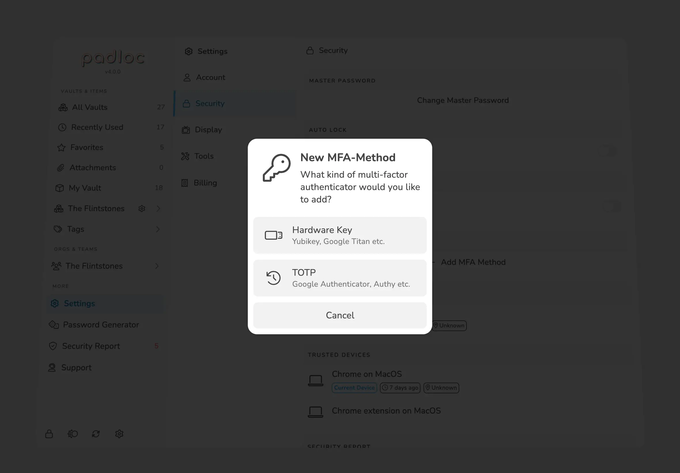 Screenshot of Padloc app showing multi-factor authentication options.